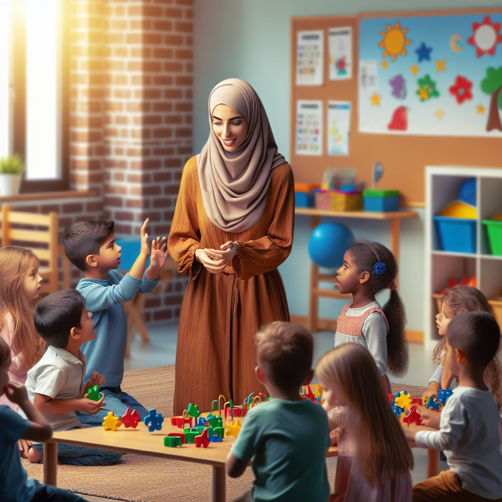 A vibrant classroom scene showing an autistic behavioral therapist engaging with children through play-based activities focused on <a href='https://advancedabatherapy.com/pt/abracando-o-inverno-com-a-asd-5-dicas-para-uma-estacao-aconchegante/'>social skills training</a>.