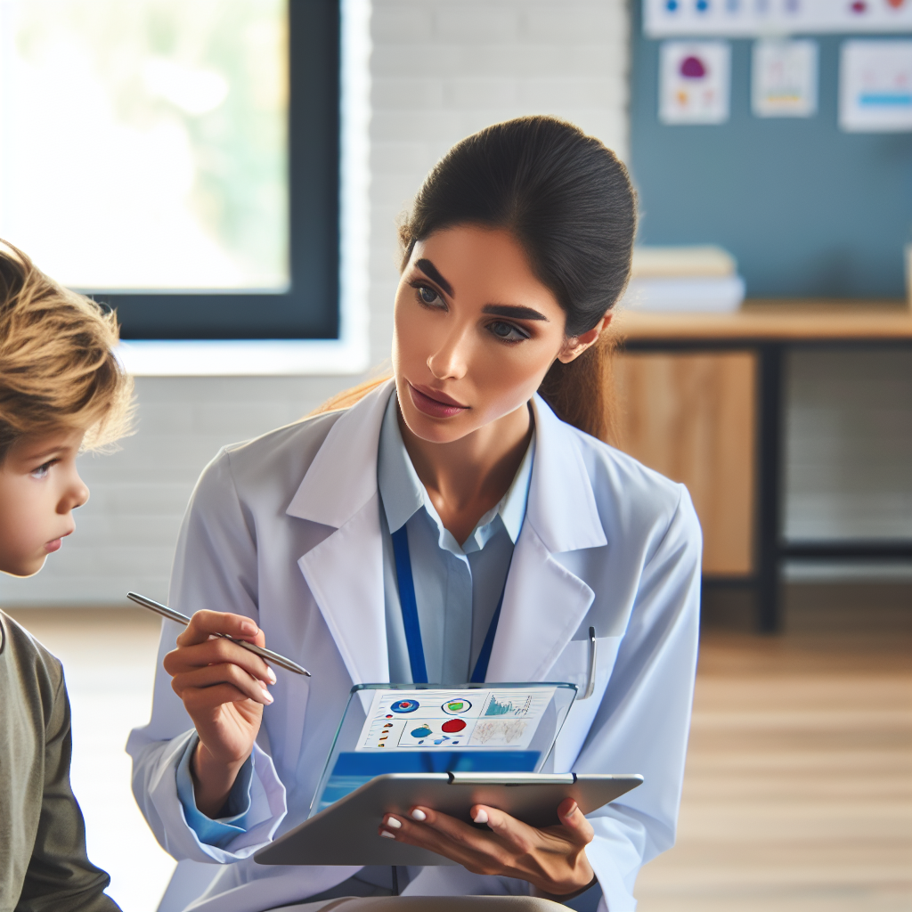 A focused autistic behavioral therapist conducting an assessment session with a child using visual aids and interactive tools in a bright classroom setting.