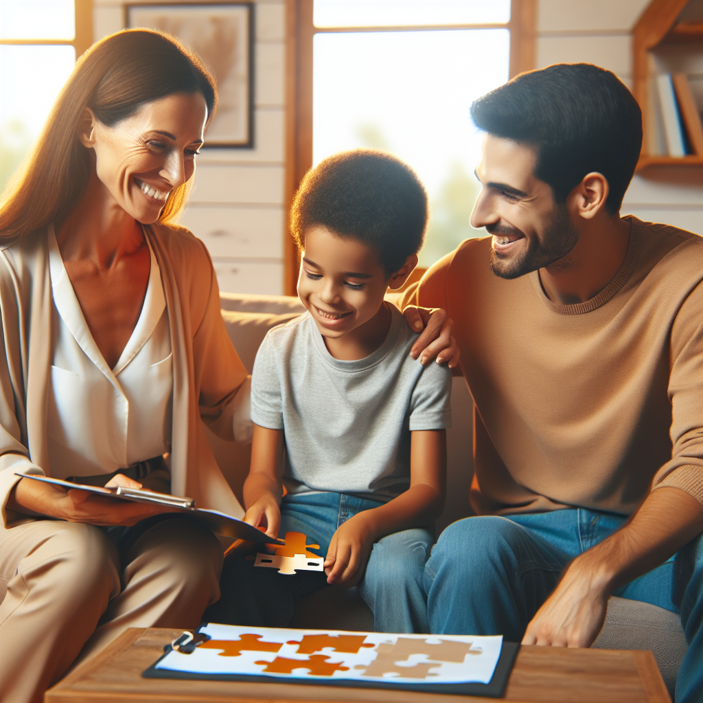 A warm family setting where an autistic behavioral therapist discusses an individualized treatment plan with parents while engaging a child through interactive activities.