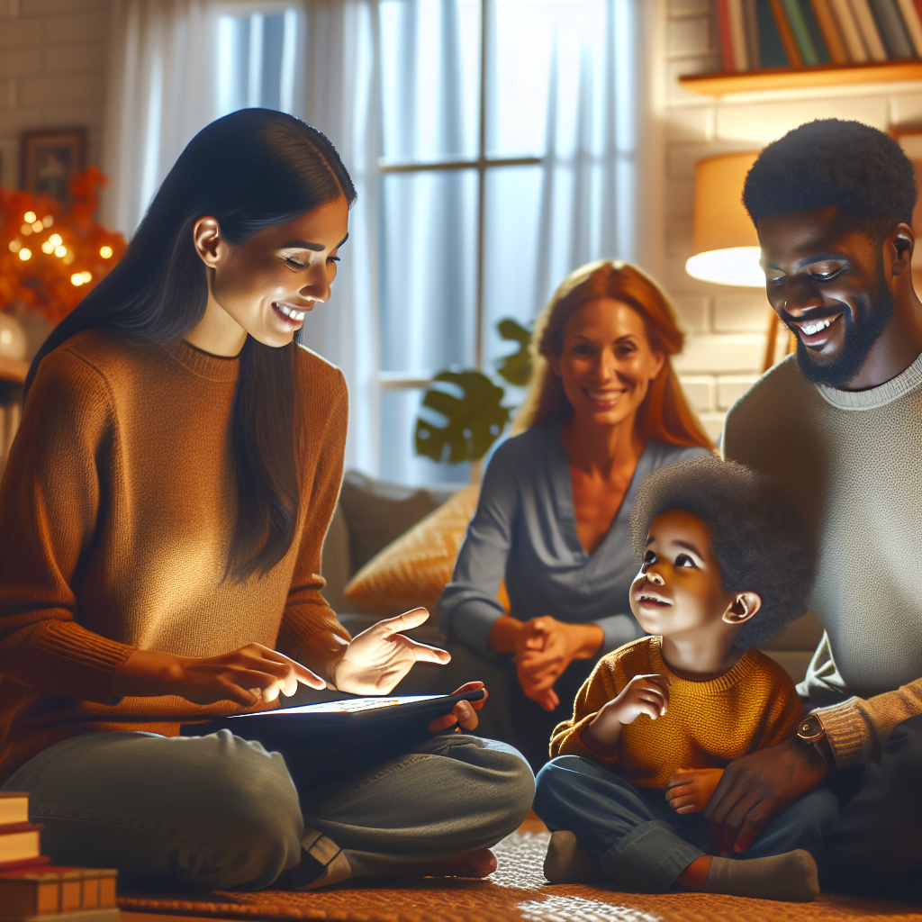 A cozy family setting where an autistic behavioral therapist is demonstrating effective communication techniques with parents while engaging a child through interactive storytelling activities.