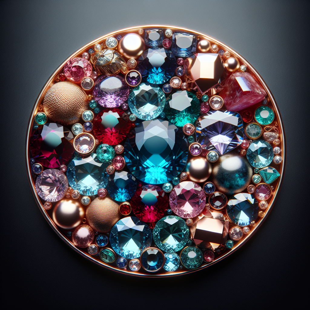 A detailed view of various gemstones and metals used in custom jewelry making, showcasing their textures and colors.