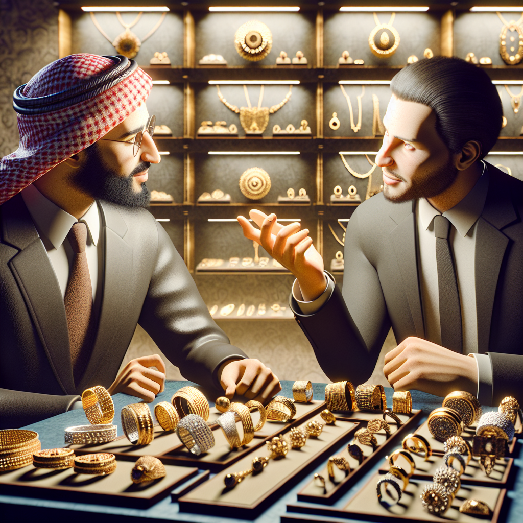 A friendly pawnbroker discussing terms with a customer while showcasing various pieces of gold jewelry on display.