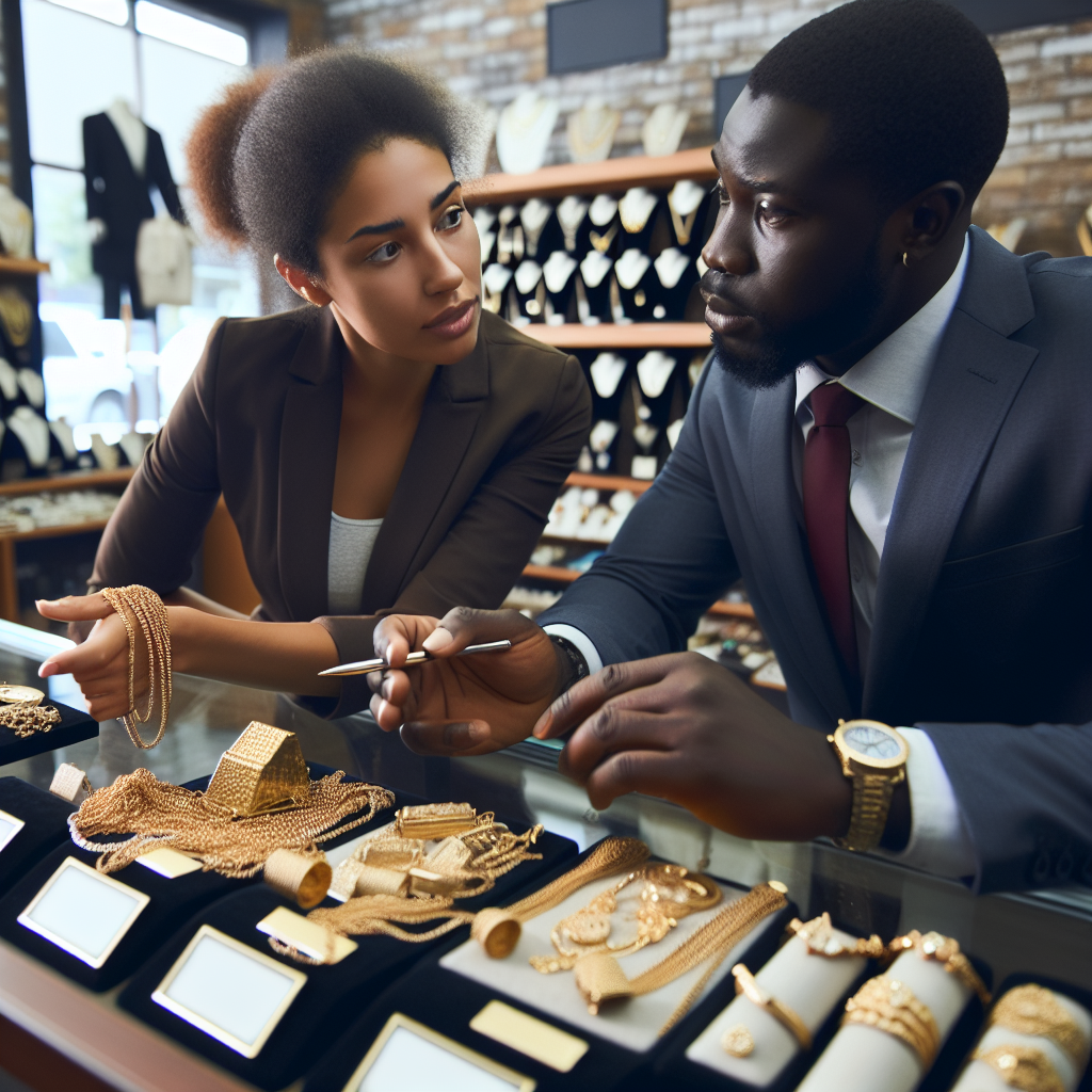 A professional pawnbroker showing various gold items with price tags while discussing options with a customer in a bright store atmosphere.