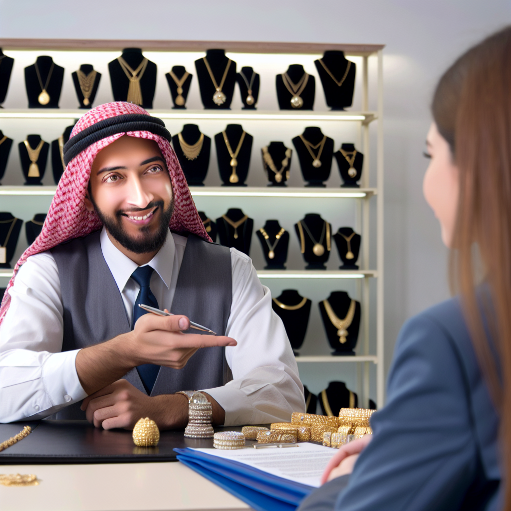 'A friendly pawnbroker explaining legal requirements to a customer while showcasing various pieces of gold jewelry', 'photo realistic', 'professional'