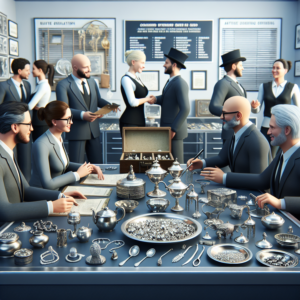 A professional setting depicting a friendly pawn shop environment where customers are engaging with knowledgeable staff about selling their silver items.