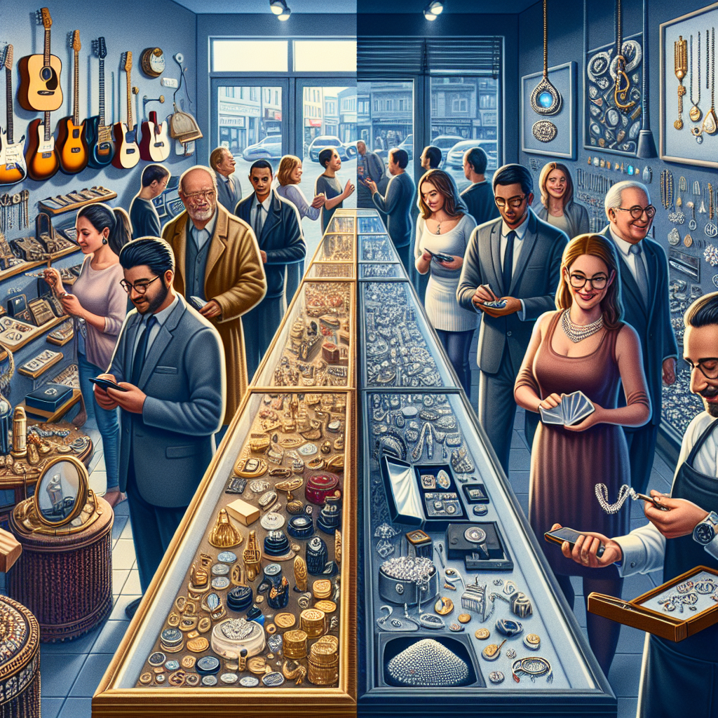 A split image showing a bustling pawn shop on one side and an elegant jewelry store on the other, highlighting the contrasting atmospheres.