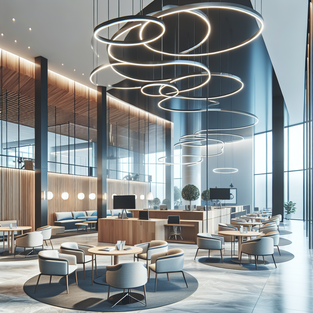 A modern commercial space showcasing current design trends with energy-efficient features and multifunctional furniture