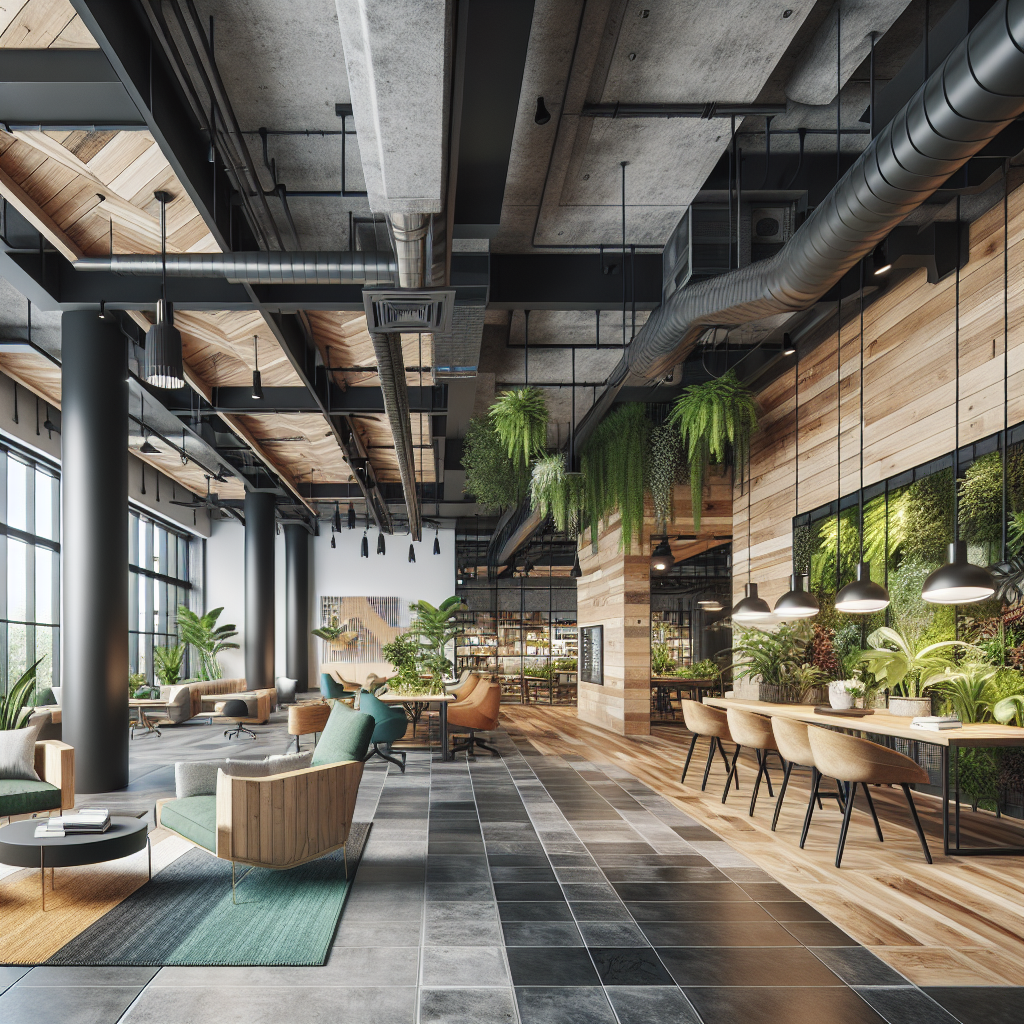 A modern commercial space after renovation showcasing a blend of industrial and natural design elements with vibrant colors and creative layout