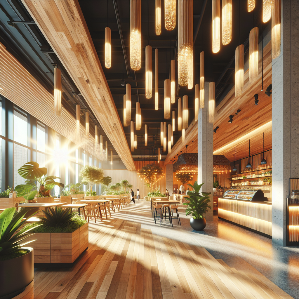 A sustainable commercial renovation showcasing eco-friendly materials and design elements in a vibrant retail space
