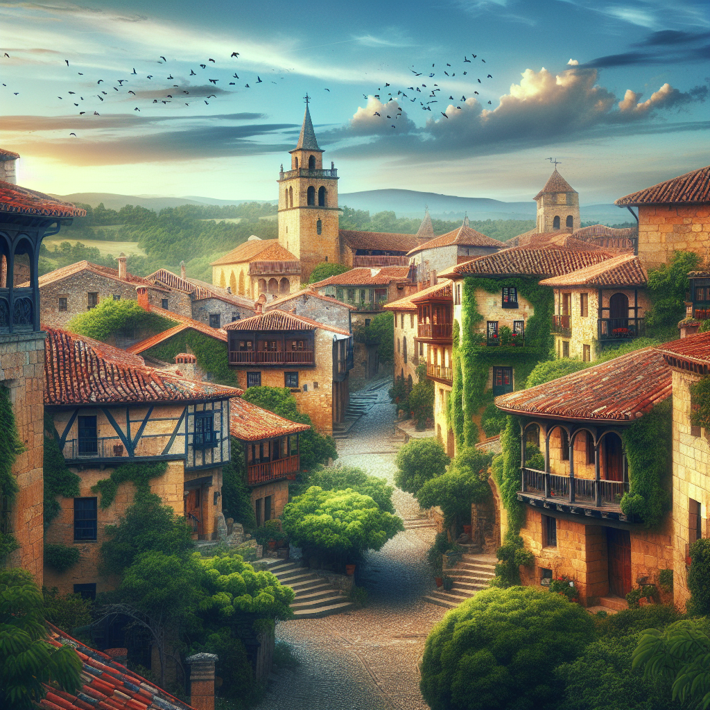 Charming medieval streets of Santillana del Mar with historical buildings and lush greenery