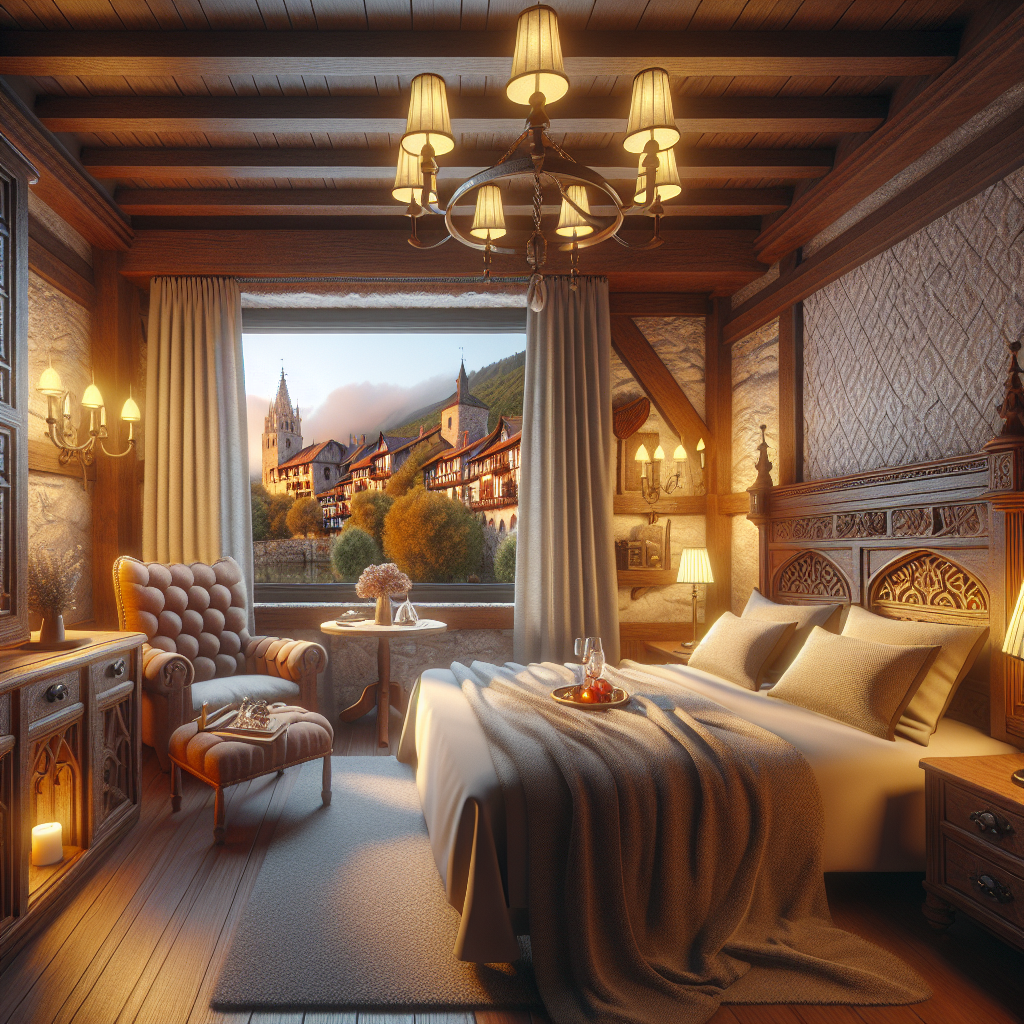 Charming and cozy hotel room in Santillana del Mar with medieval decor and warm lighting