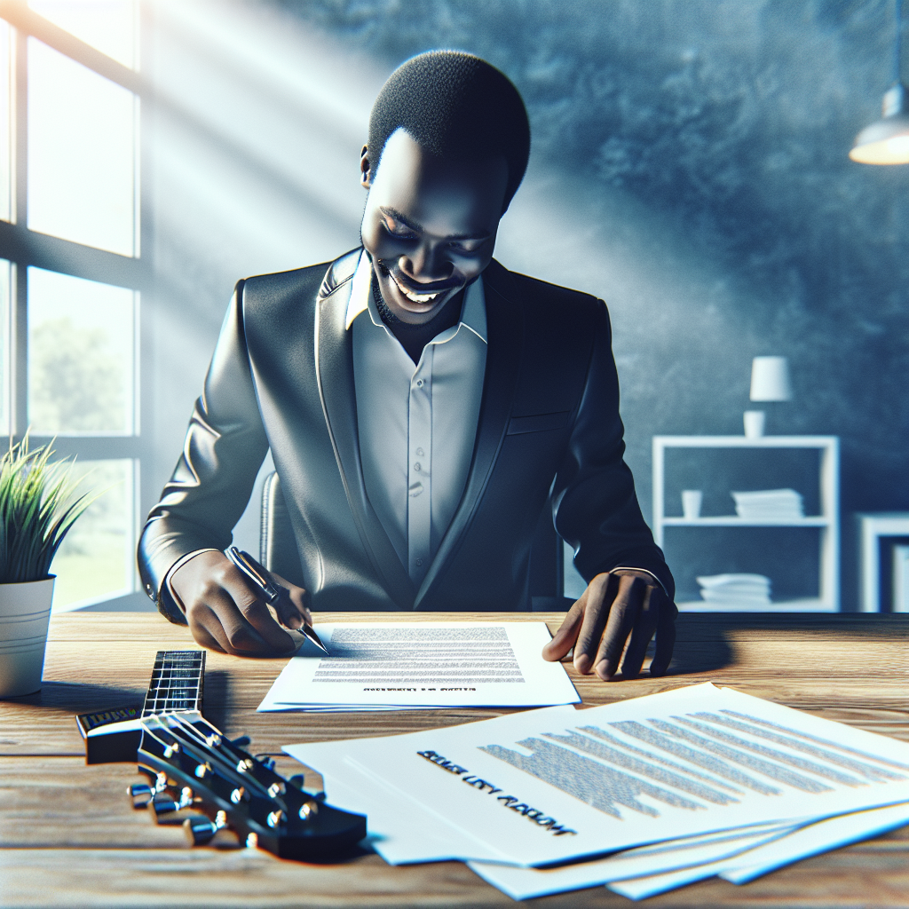 A musician happily reviewing documents related to registering their music with a performing rights organization; bright office setting; professional mood.