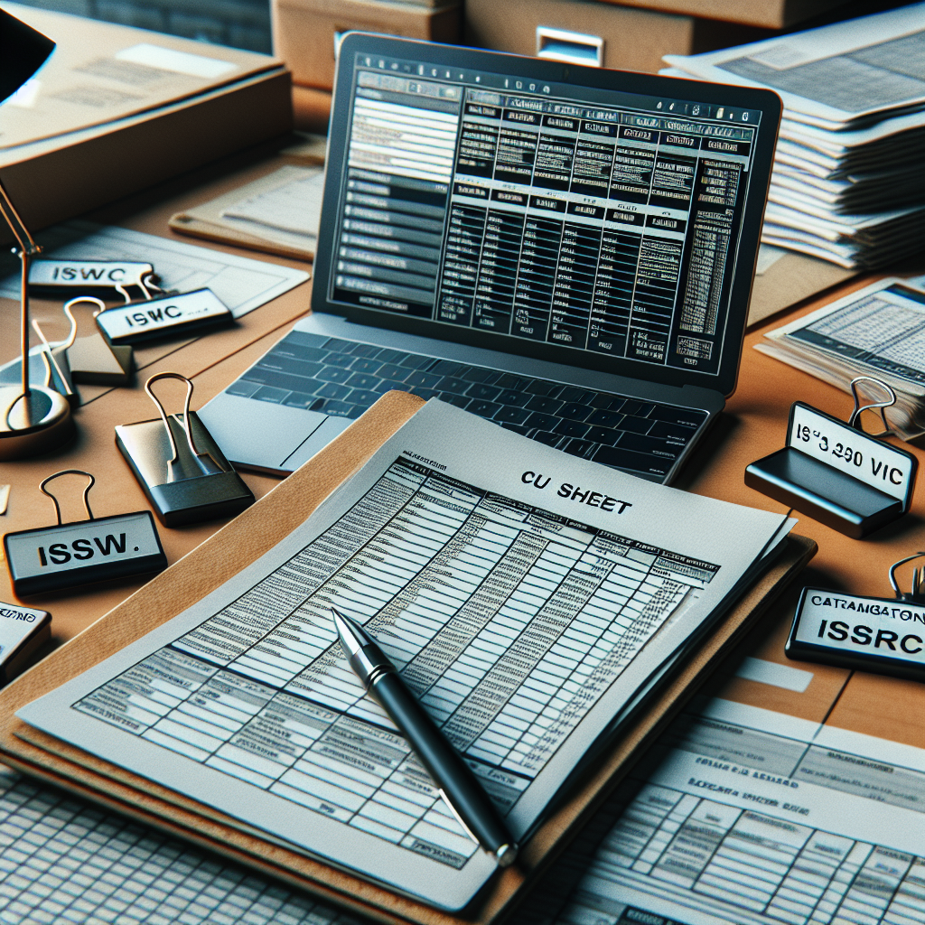 A professional desk with printed cue sheets, laptop showing a rights matrix spreadsheet, and cataloguing tags labeled ISWC and ISRC - photo realistic, professional, analytical mood