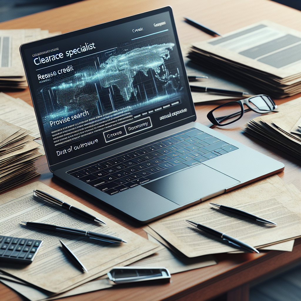 Close-up of a clearance specialist's desk showing printed release credits, a laptop with an open PRO repertoire search and a printed outreach email draft — photo realistic