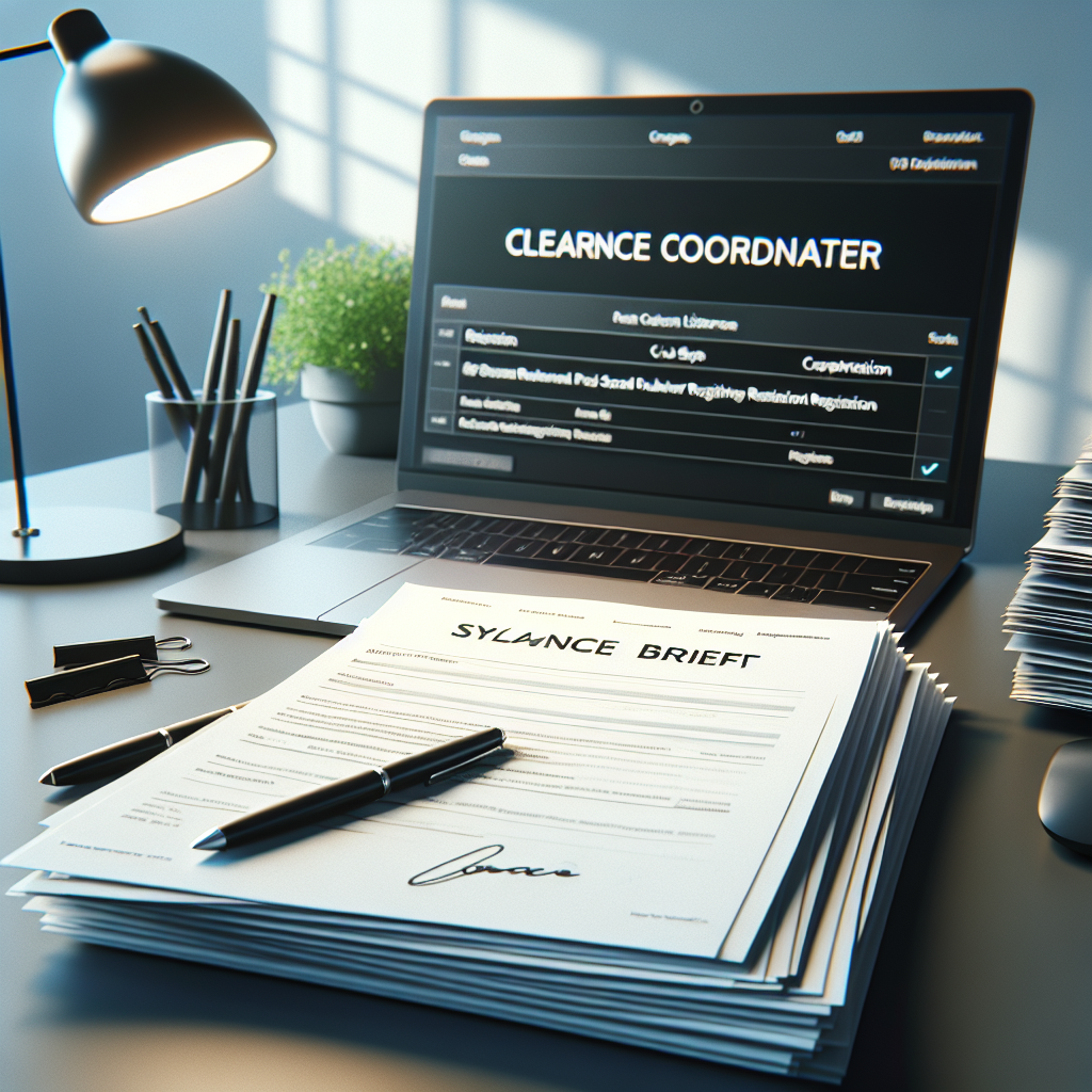 A clearance coordinator's workspace: printed sync brief, a signed license on top of a stack of scanned publisher registration pages, a laptop with a cue sheet open — photo realistic