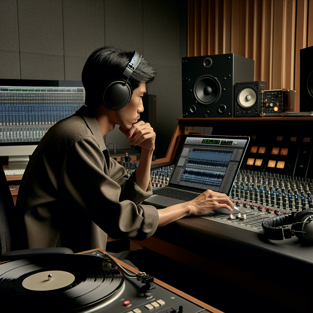 Studio session showing an engineer recreating a sampled loop on a mixing desk with original vinyl and a laptop showing publisher registration pages - photo realistic