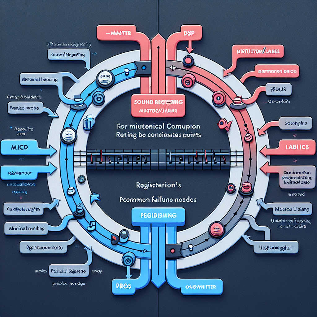 Diagram showing two parallel flows: sound recording (master) on the left with DSP, distributor/label, and artist; musical composition (publishing) on the right with DSP reporting, PROs, mechanical licensing body, publisher, and songwriter. Include arrows for registration points (ISRC, ISWC) and common failure nodes labeled metadata mismatch and unclaimed revenue.