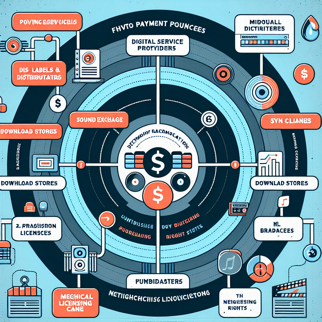 Infographic-style diagram showing five payment sources (DSPs, SoundExchange, download stores, sync licensee, broadcasters) with arrows to separate master and composition lanes; include icons for labels/distributors, publishers/PROs, the MLC, and neighboring-rights societies. Style: photo realistic. Mood: professional.