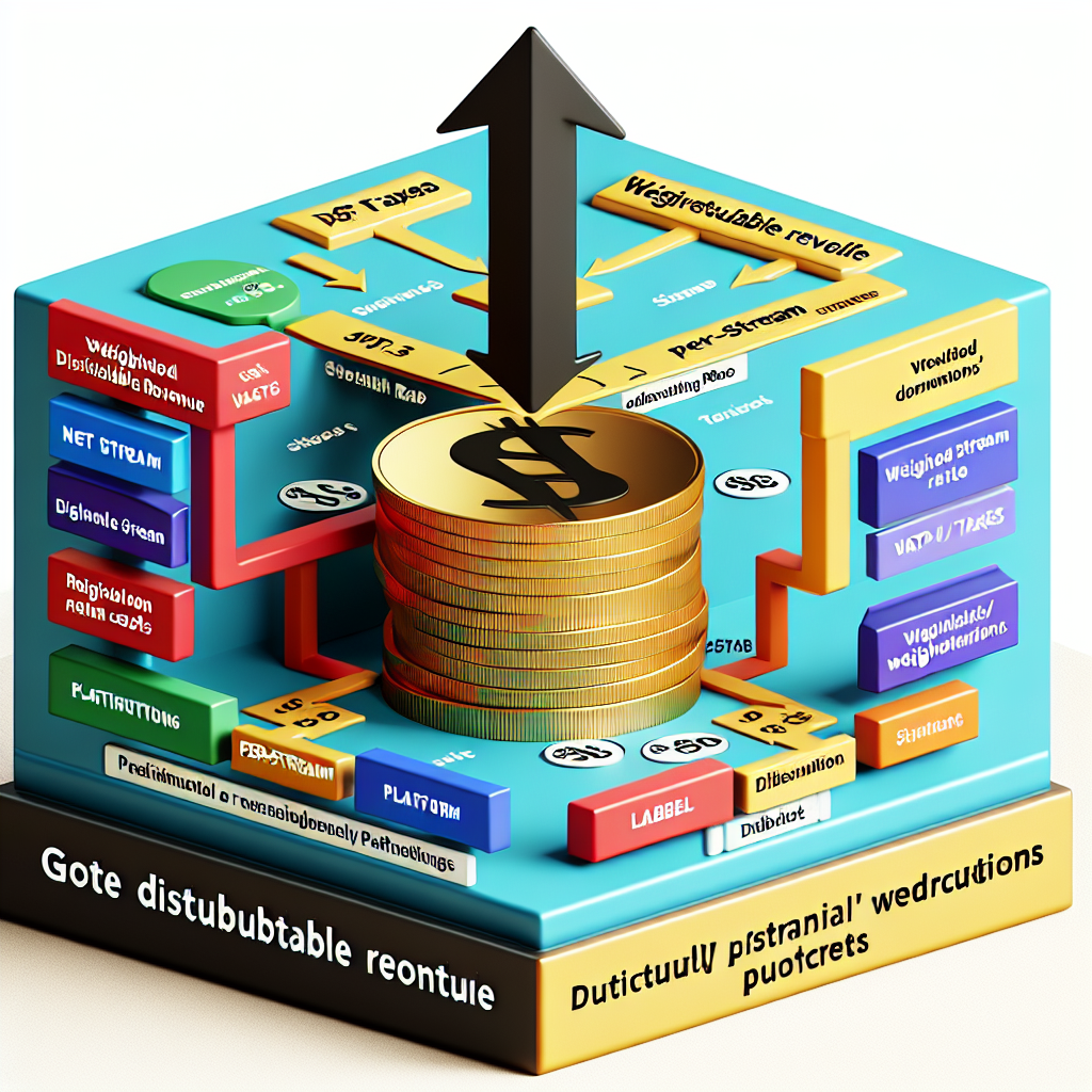 Diagram showing the flow from DSP gross revenue to net distributable revenue, then to weighted stream denominator and finally to per-stream rate; include arrows showing where VAT/taxes, platform costs, and regional weightings are subtracted, and a parallel arrow for distributor/label deductions to artist payout. Style: photo realistic. Mood: professional