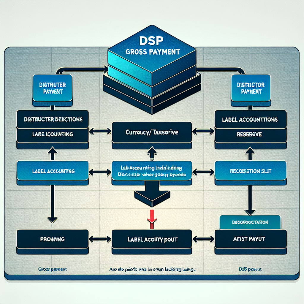Stepwise waterfall diagram showing DSP gross payment at the top, arrows to distributor deduction block, currency/tax/reserve block, label accounting block with recoupment and royalty split, and final artist payout at the bottom. Include annotations for where transparency is typically missing. Style: photo realistic