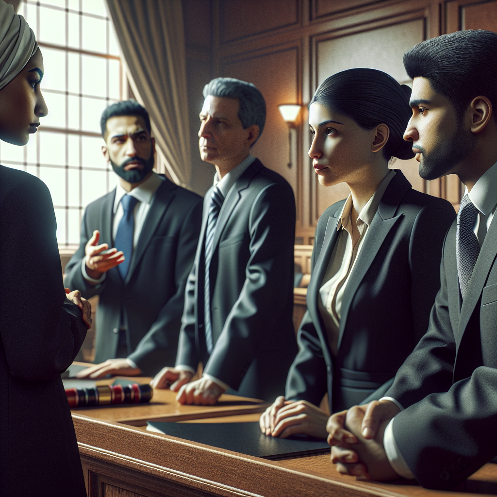 A courtroom scene with a diverse group of lawyers discussing cases, showcasing various types of criminal defense attorneys such as DUI and drug crime lawyers