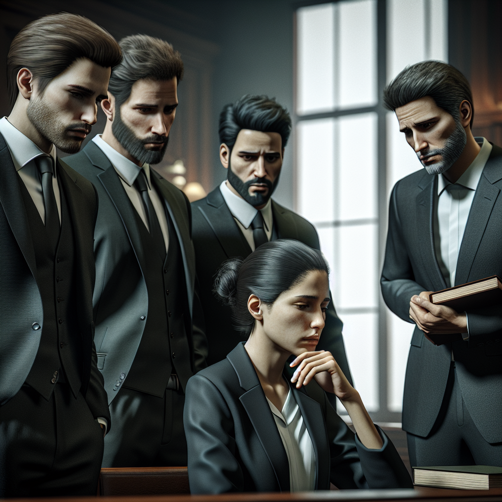 A courtroom scene with a diverse group of lawyers discussing strategies with a concerned client