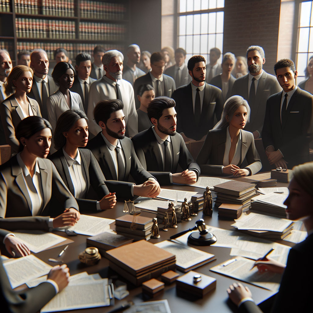 A courtroom scene with a diverse group of criminal defense attorneys discussing cases, showcasing various types of legal documents and evidence