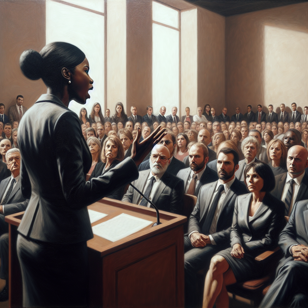 A courtroom scene showing an engaged defense attorney passionately defending their client during a trial