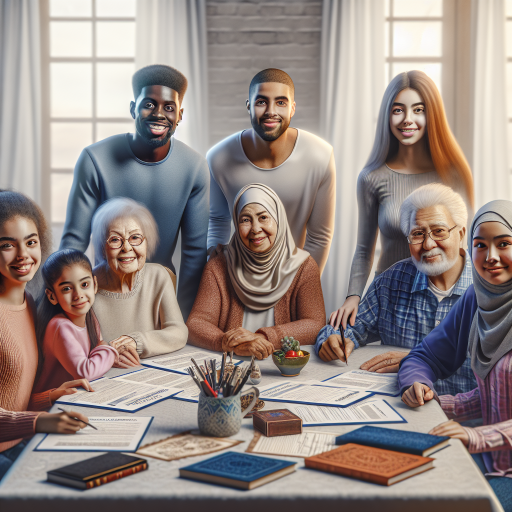 A family gathered around a table discussing estate planning documents with smiles