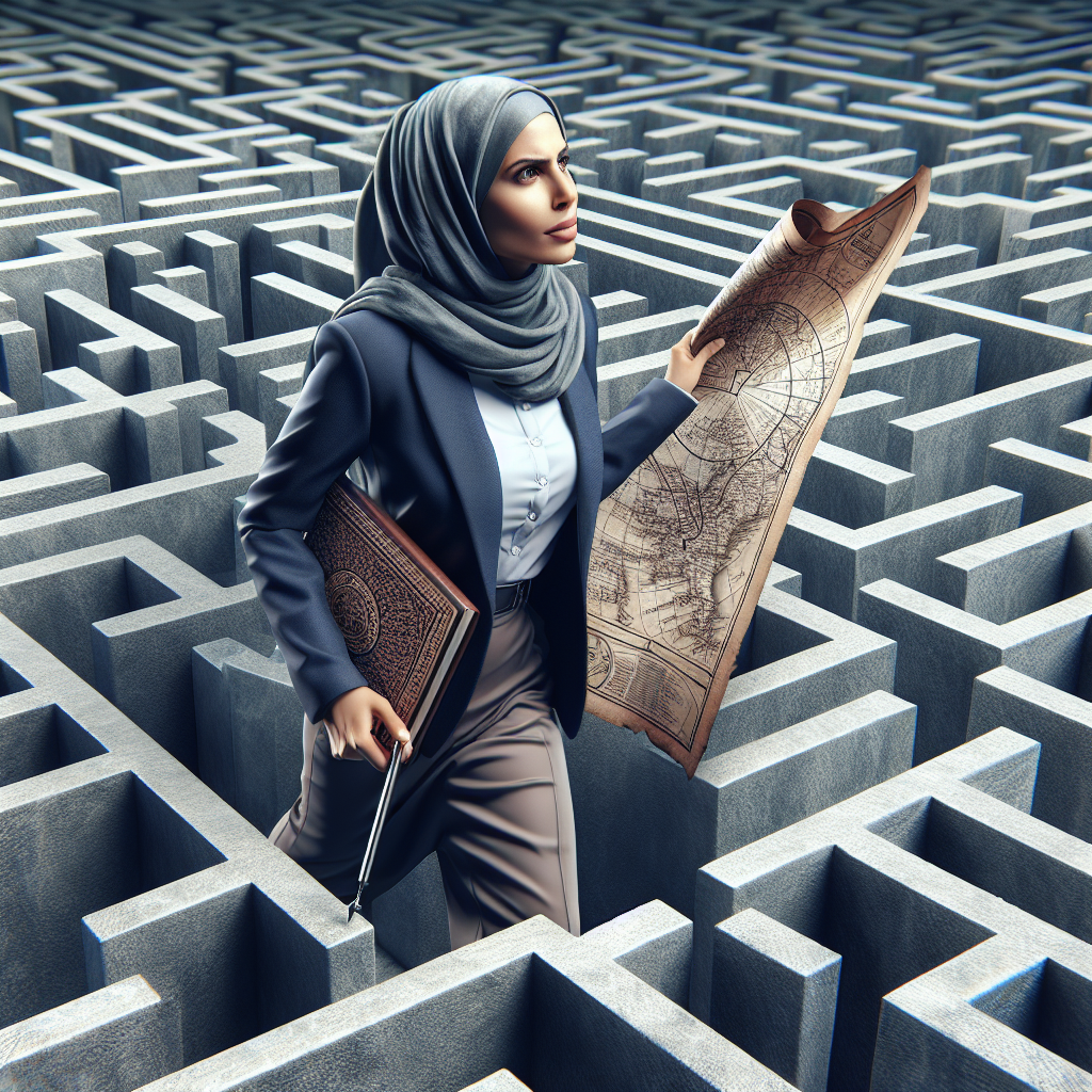A modern entrepreneur navigating through a maze of legal documents and regulations with a map in hand