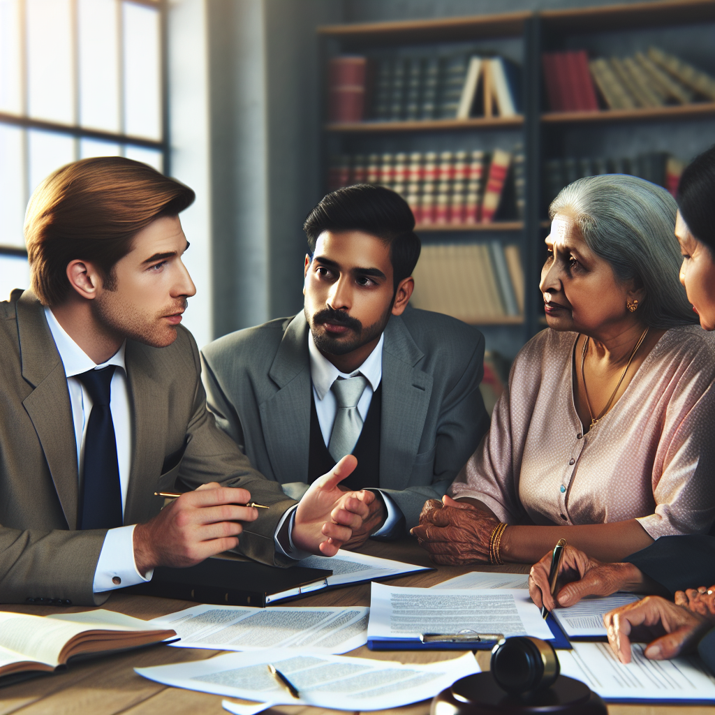 A friendly estate lawyer discussing probate law with a family at a table filled with documents