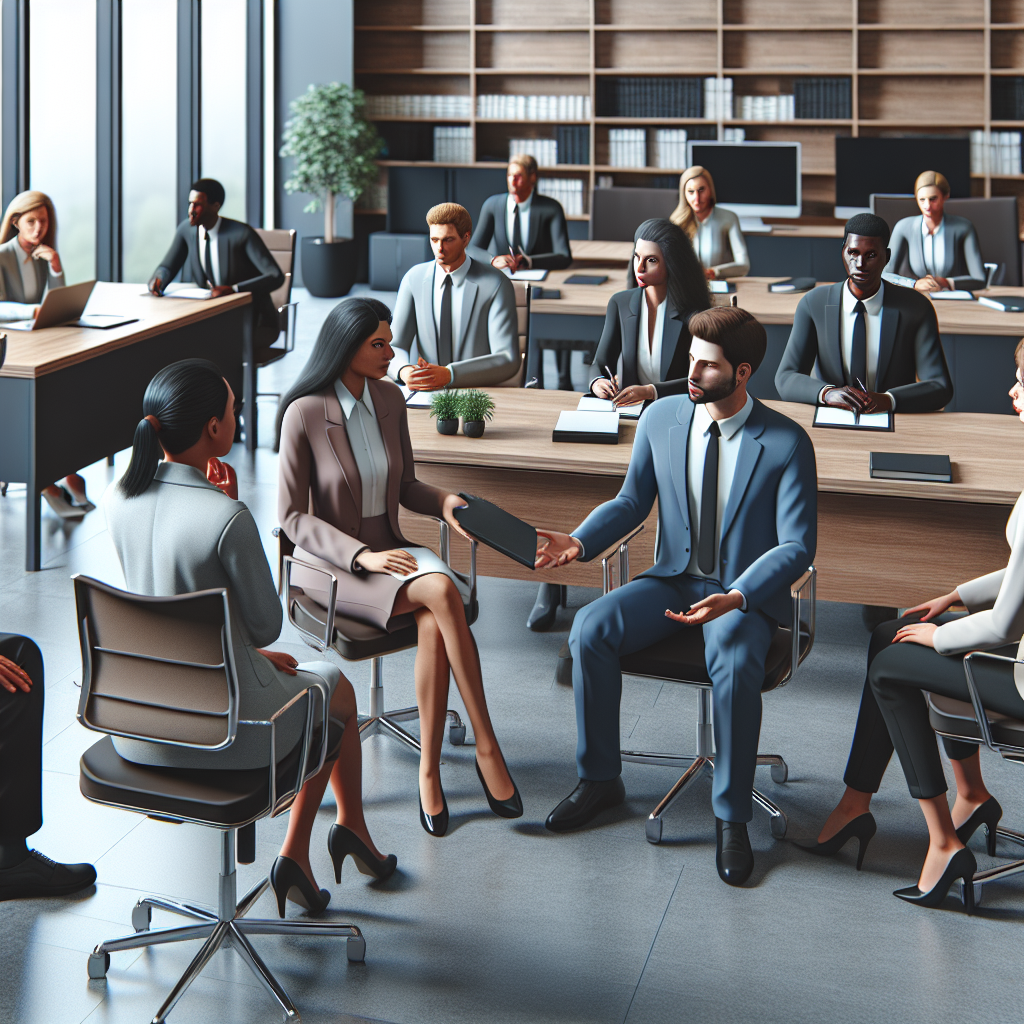 A diverse group of employees discussing employment law in an office setting
