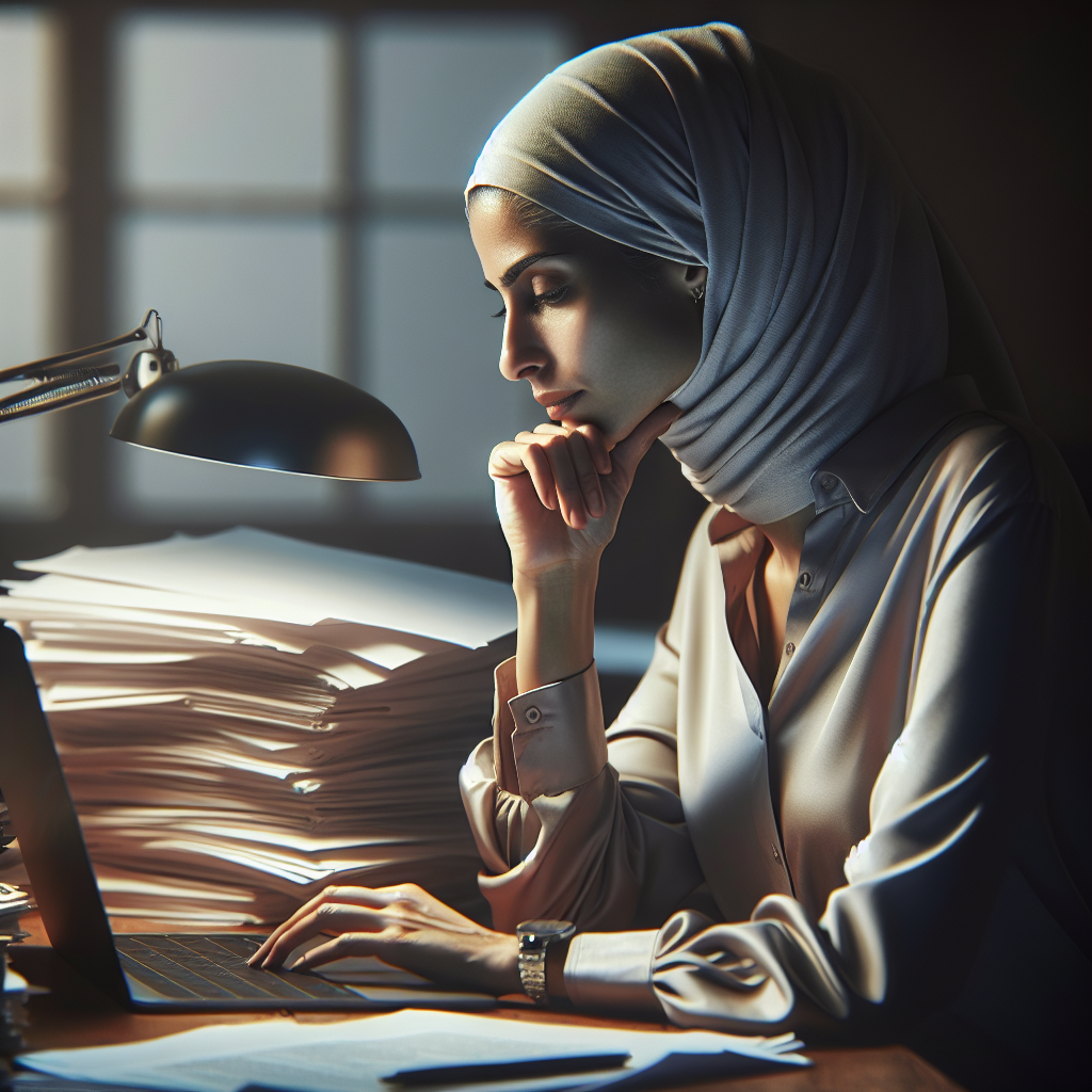 A thoughtful person sitting at a desk with legal documents and a laptop, contemplating their next steps in a divorce process