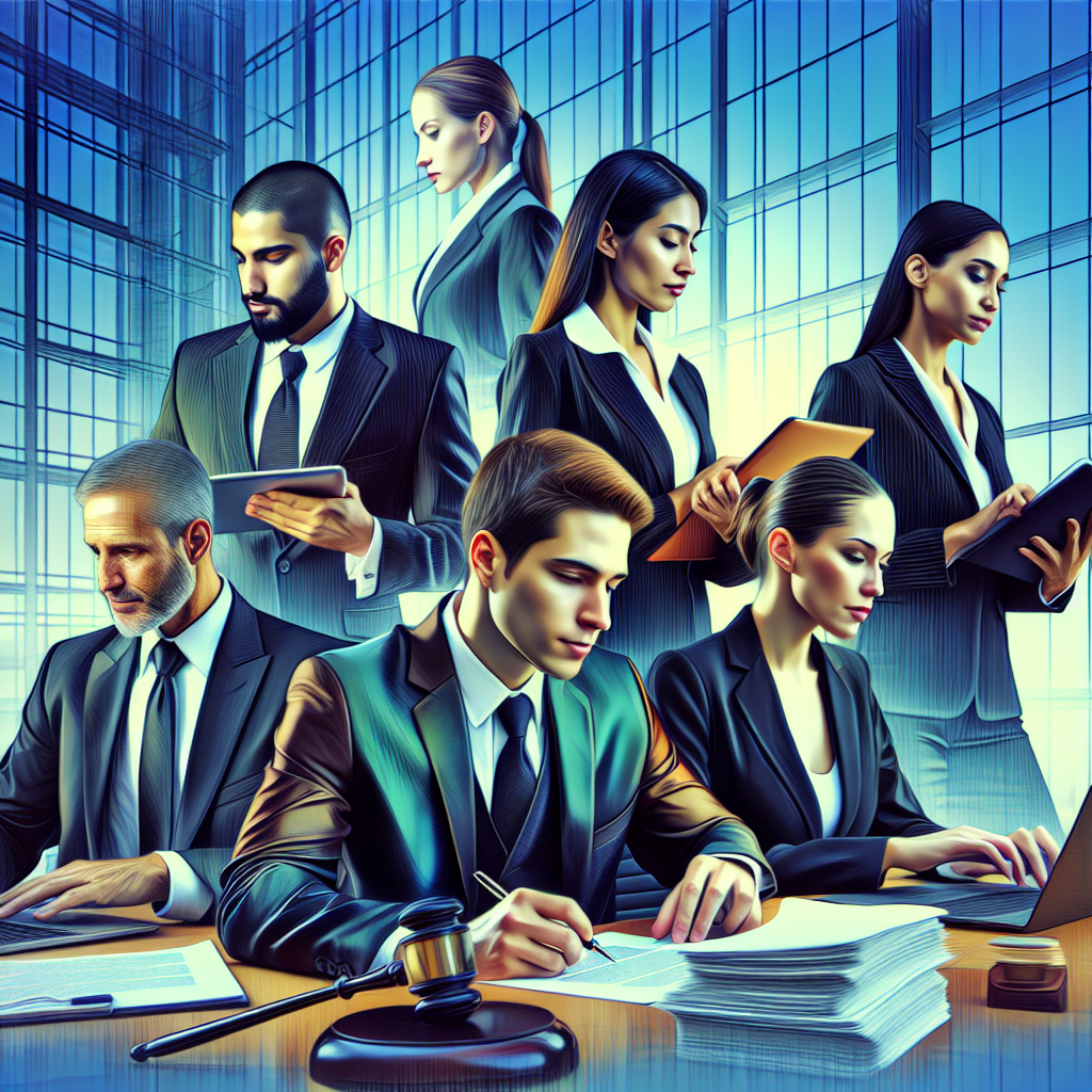 A vibrant office scene showcasing a diverse group of lawyers collaborating over legal documents with modern technology