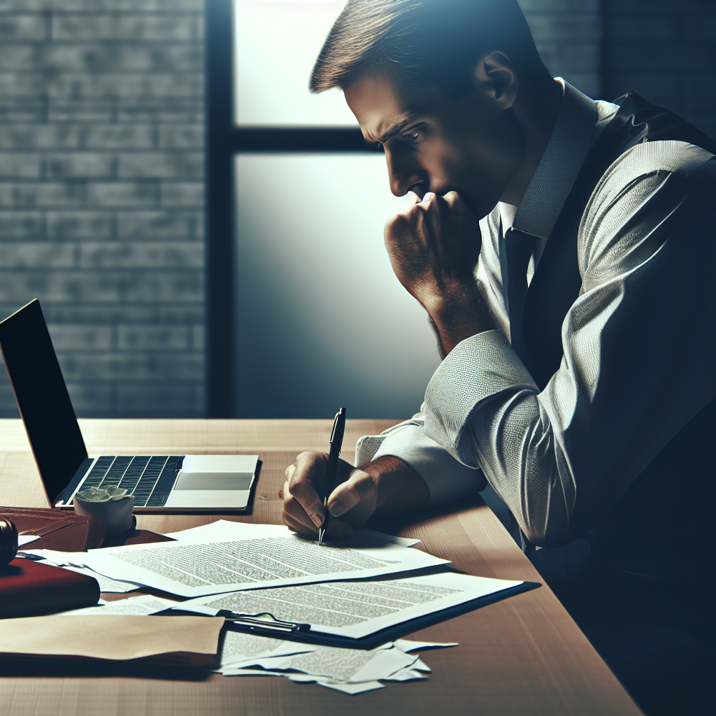 A thoughtful person sitting at a desk with legal documents and a laptop, contemplating their options before hiring a family divorce lawyer