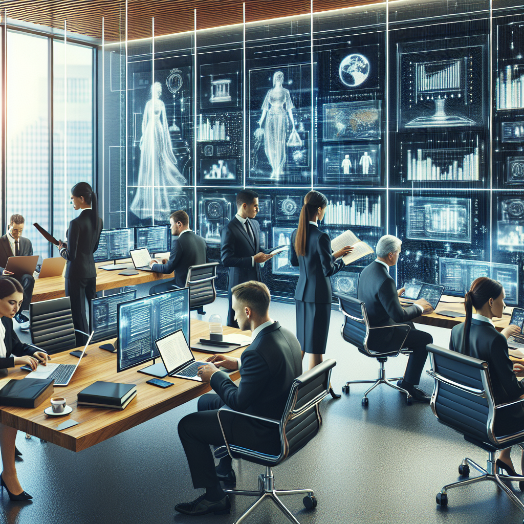A modern law office showcasing digital transformation with lawyers collaborating over technology