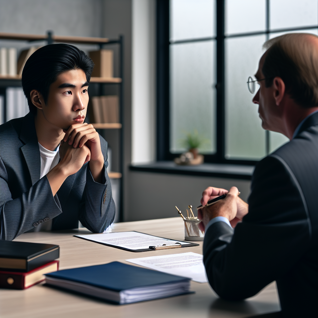 A thoughtful person sitting at a table across from a family divorce lawyer in an office setting, discussing legal matters with documents spread out