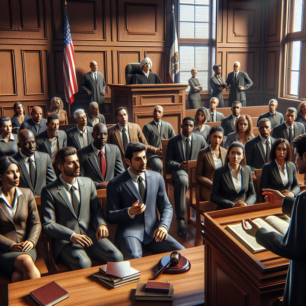 A courtroom scene with a diverse group of people discussing personal injury law