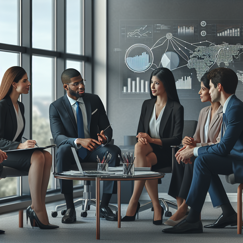 A modern law office environment showcasing collaboration among attorneys discussing financial strategies with charts and graphs