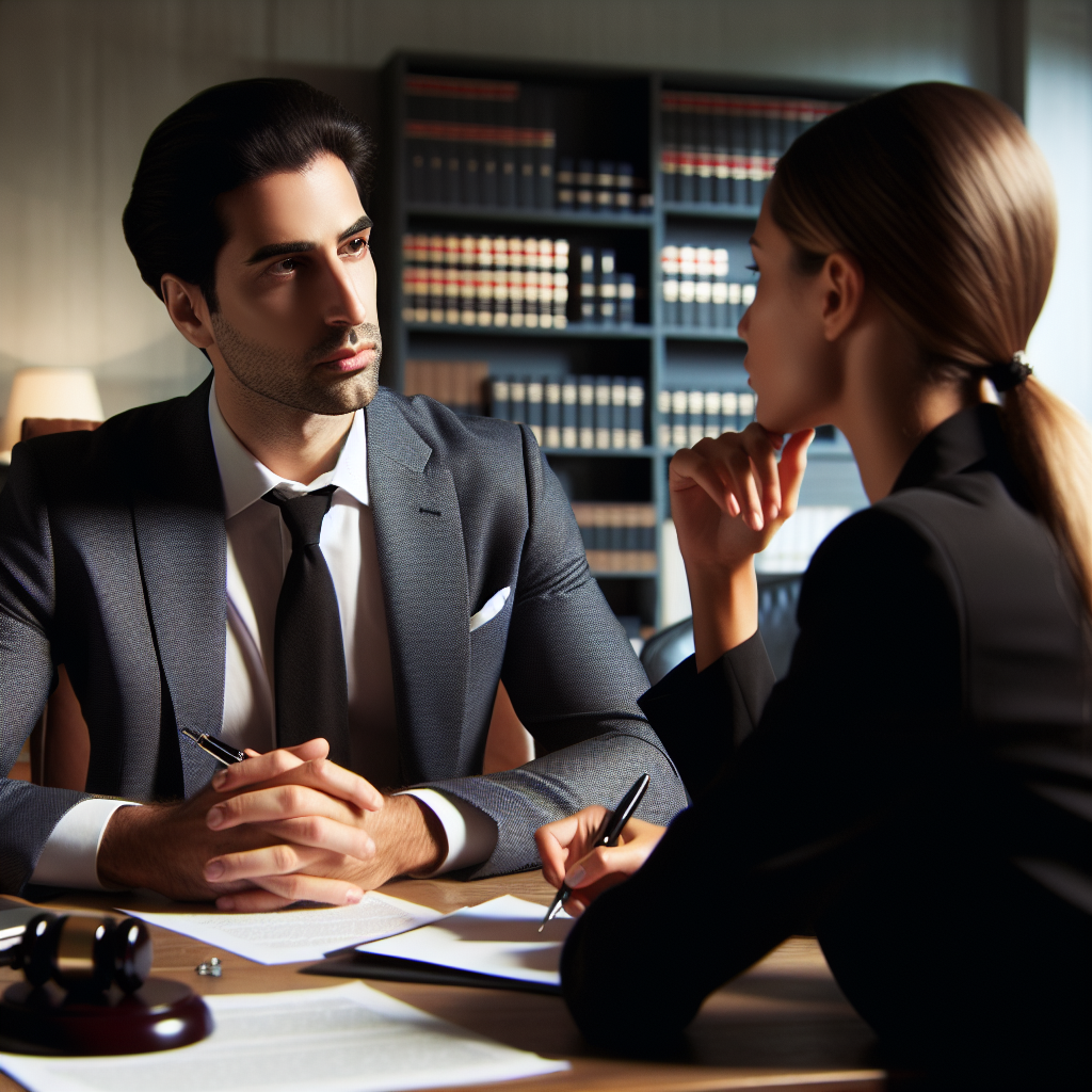 A confident personal injury attorney discussing strategies with a client in an office setting