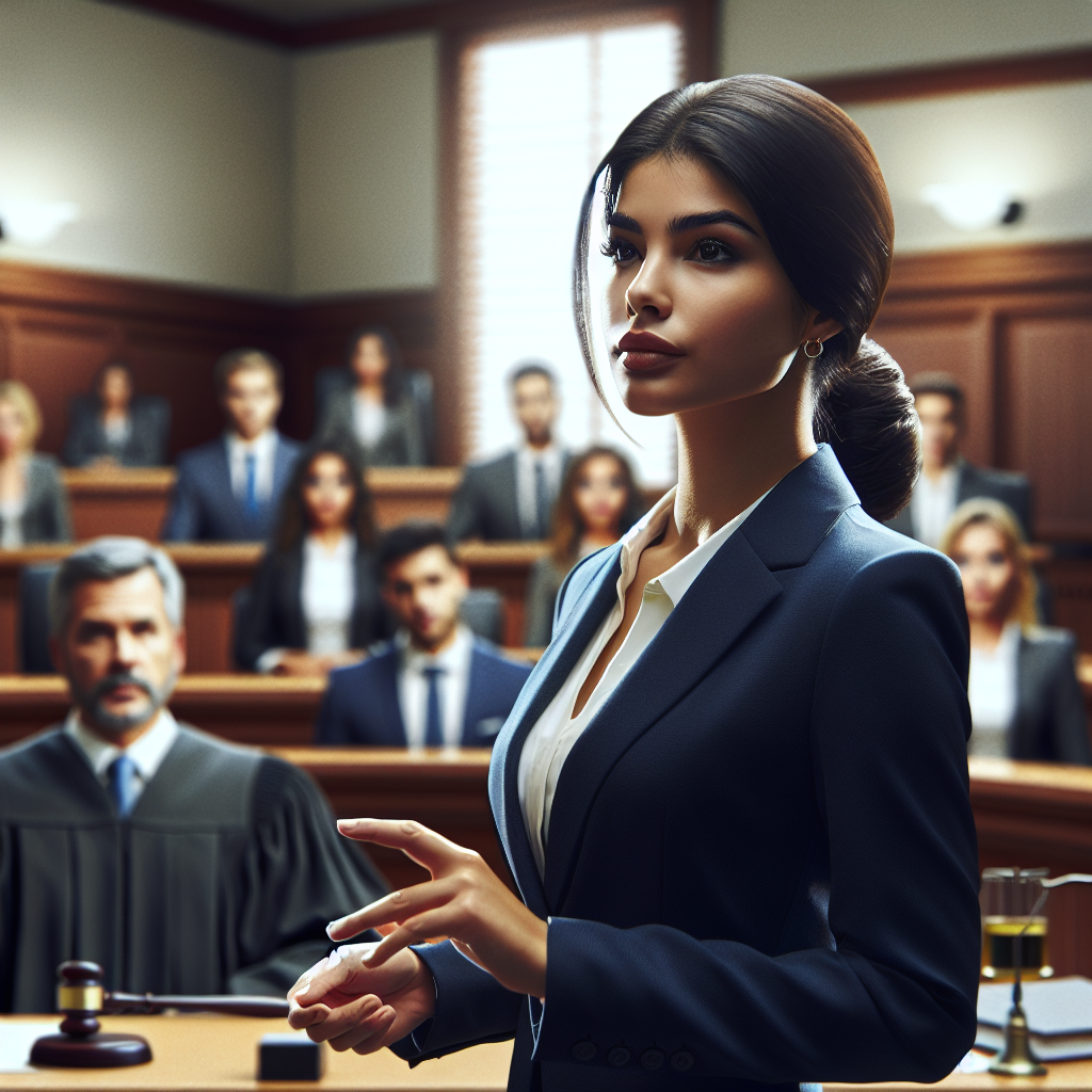 A courtroom scene showing a personal injury defense attorney presenting evidence with confidence