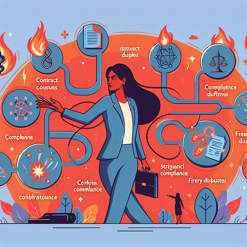 A vibrant illustration showing a business owner navigating through various legal challenges like contracts, compliance, and disputes