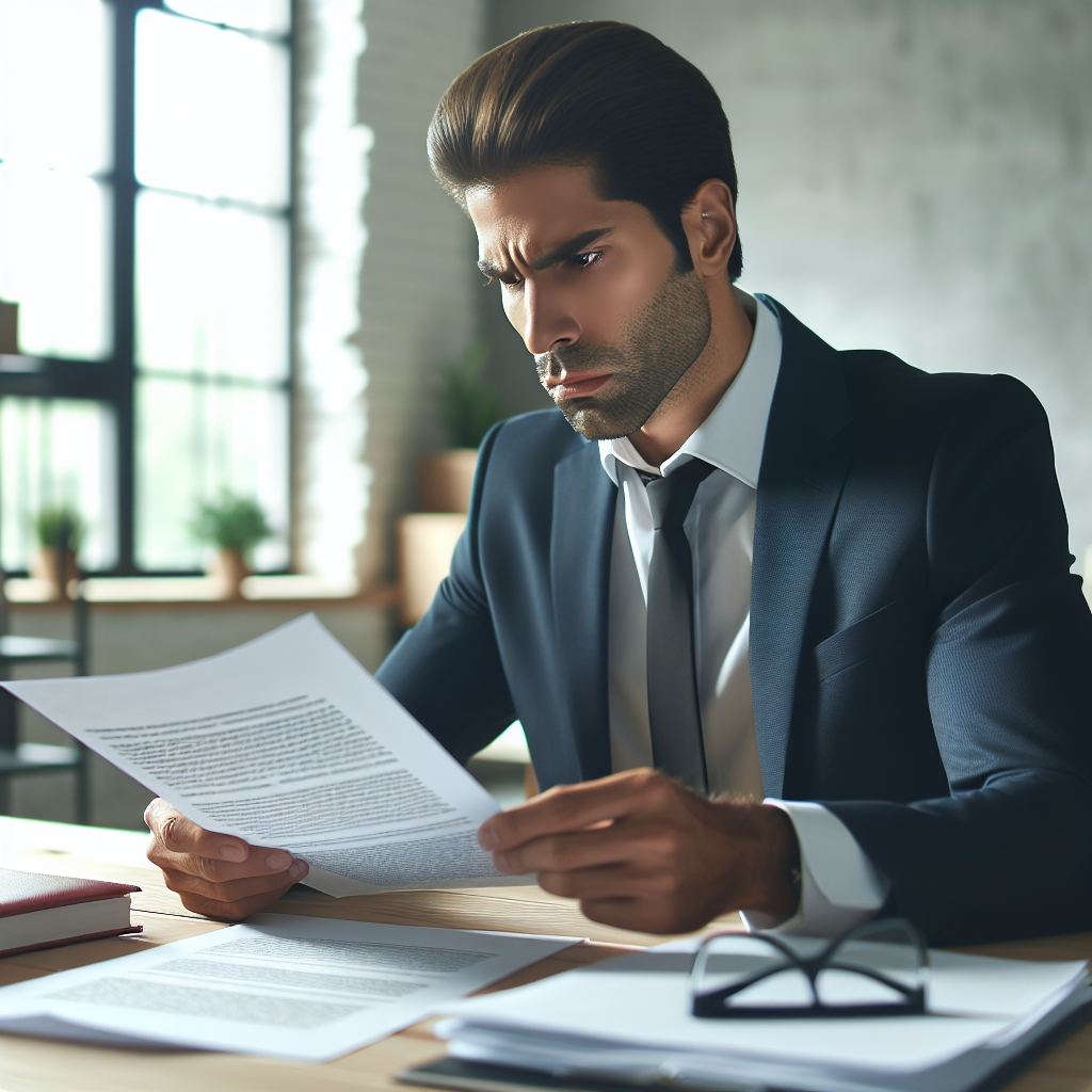 A business owner looking concerned while reviewing legal documents in an office setting