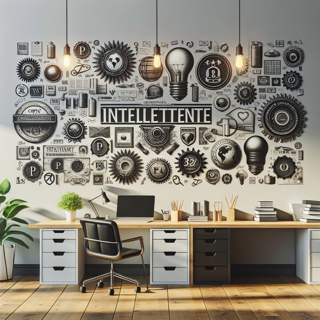 A creative workspace showcasing various forms of intellectual property like patents, trademarks, and copyrights displayed on walls.