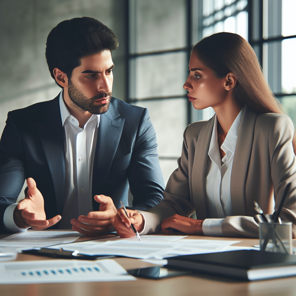 A business owner calmly discussing with their lawyer over paperwork in an office setting