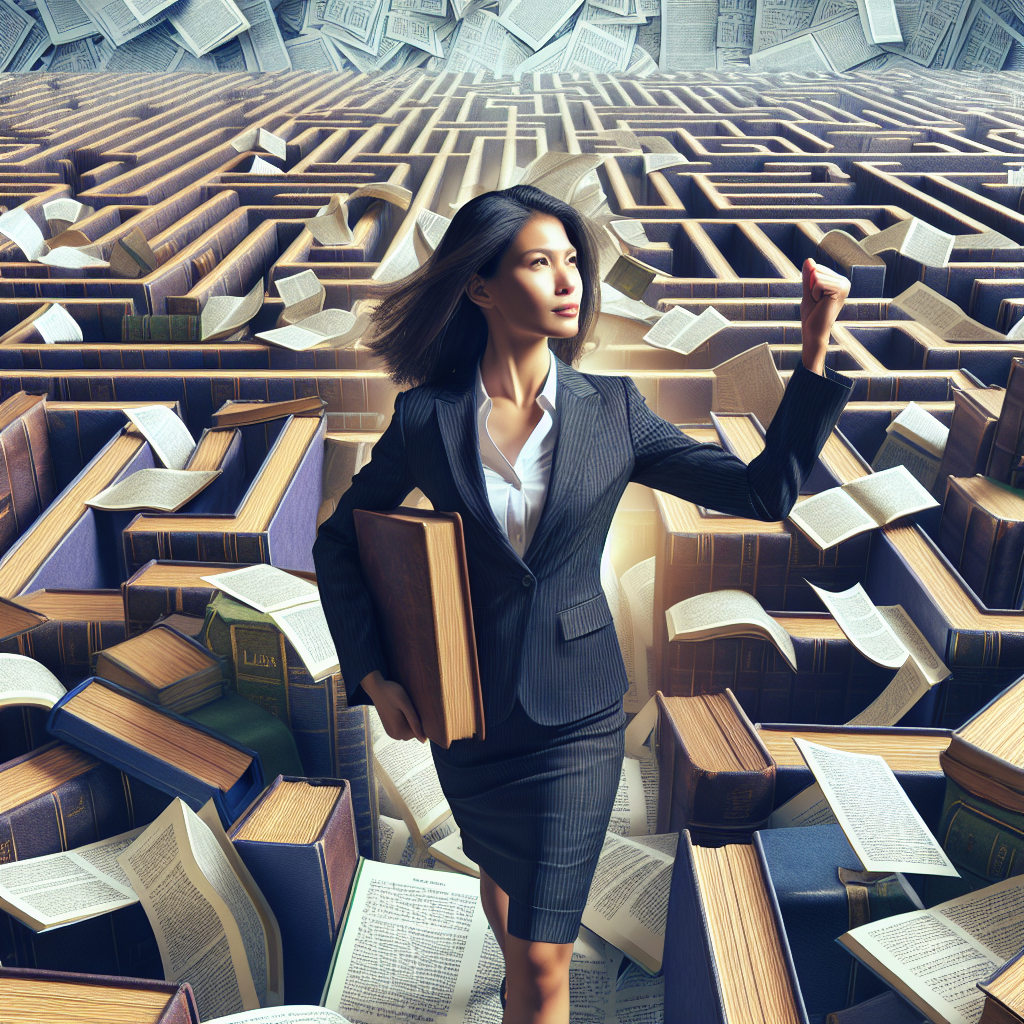 A person confidently navigating a maze made of law books and documents, symbolizing legal knowledge and understanding
