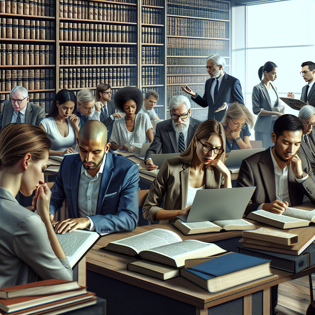 A diverse group of people participating in a lively workshop about legal skills, with books and laptops open, showcasing engagement and learning