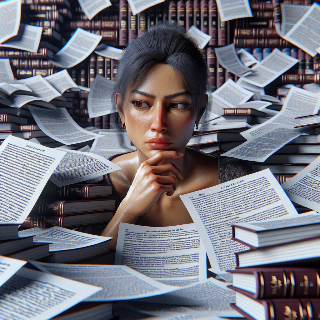 A person looking at complex legal documents with confusion, surrounded by books on law and regulations