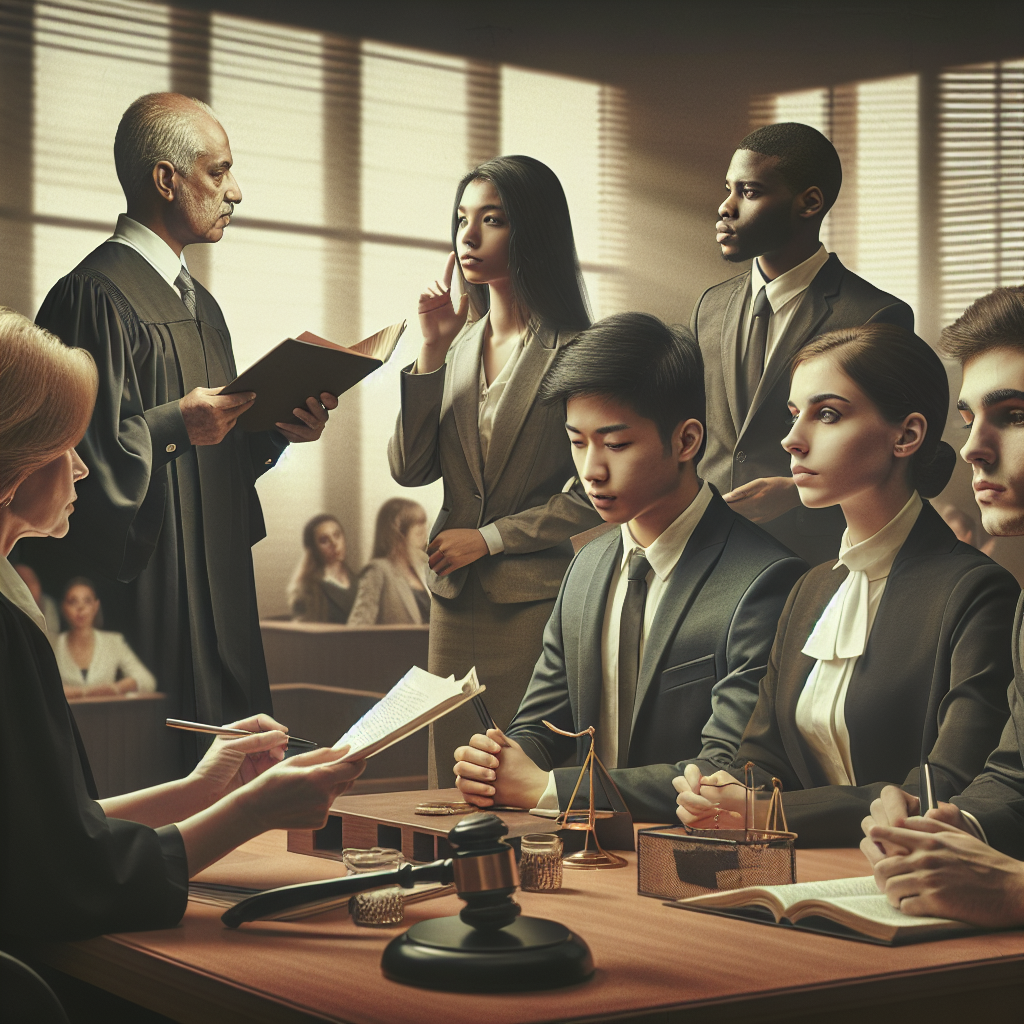 A diverse group of lawyers engaged in a mock trial in a courtroom setting
