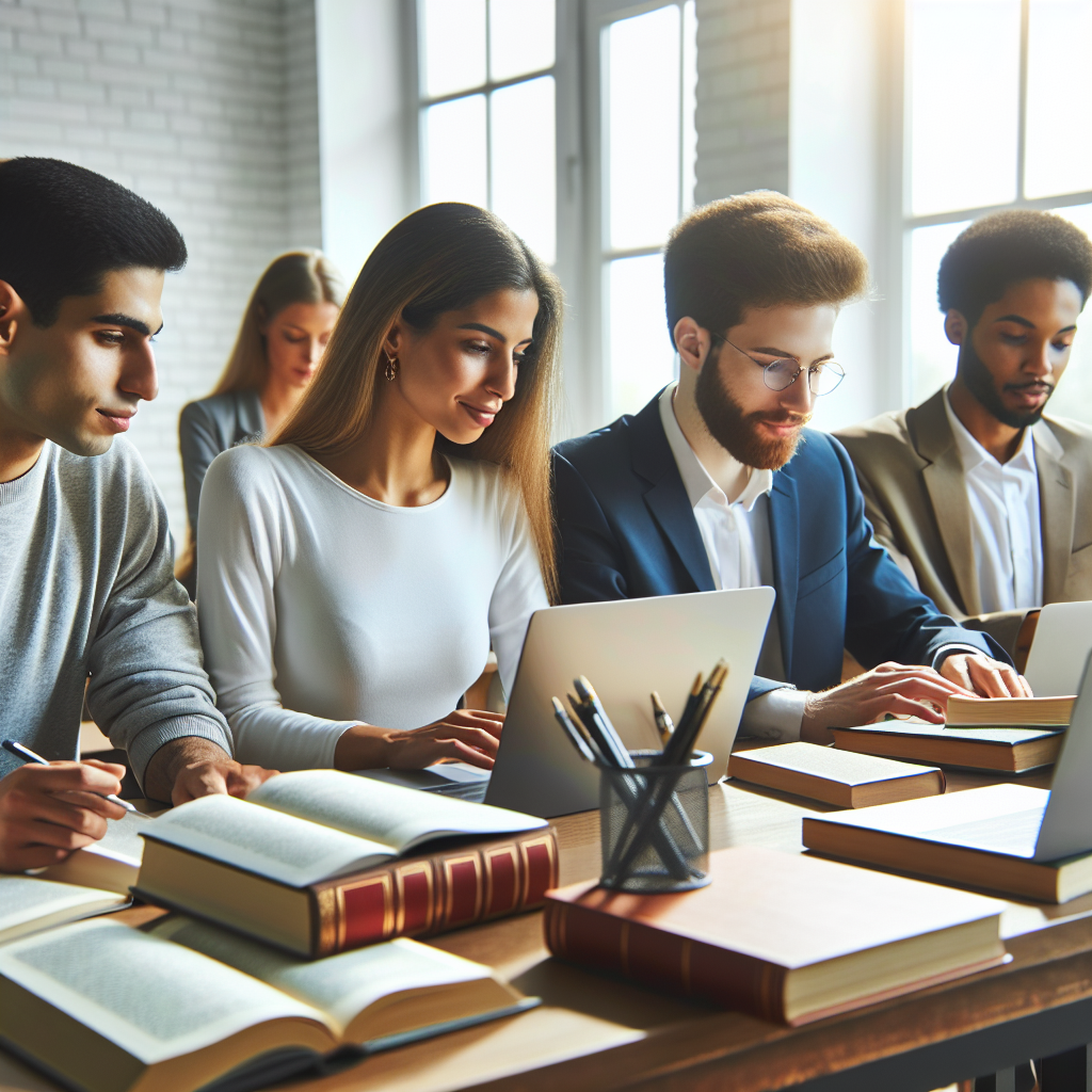 A diverse group of people studying law together in a bright classroom setting, with books and laptops open, showcasing engagement and collaboration